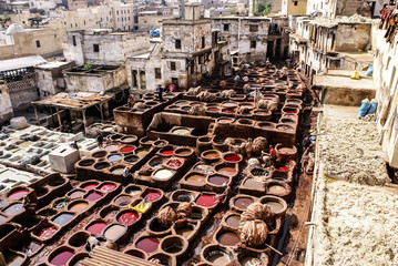 Tanneries of Fes, Morocco, Africa Old tanks of the Fez's tanneries with color paint for leather,...