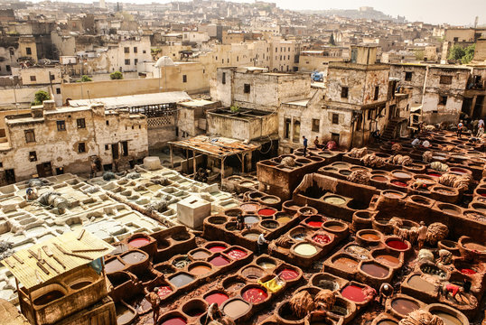 Tanneries of Fes, Morocco, Africa Old tanks of the Fez's tanneries with color paint for leather, Morocco, Africa