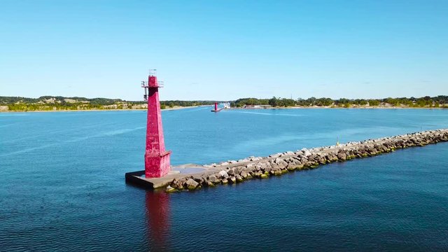 Aerial over a lighthouse at Muskegon, Michigan.