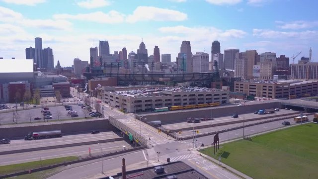 Aerial shot of downtown Detroit, Michigan with GM tower and Ford Field.
