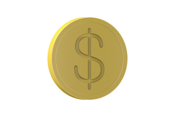 Dollar sign engraved on golden coin isolated on white, 3d illustration
