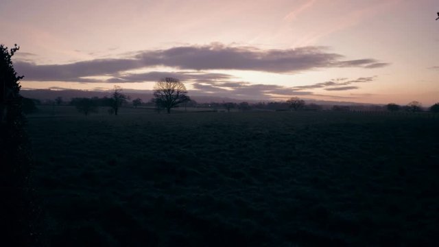 dark landscape view of grass, field and silhouettes of trees with colourful sun rising setting on horizon. Camera panning