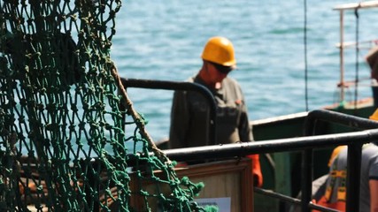 Two male fishermen at sea on a fishing boat with a net