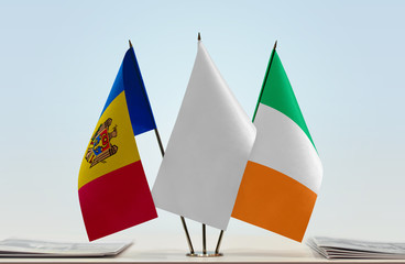 Flags of Moldova and Ireland with a white flag in the middle