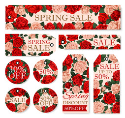 Spring season sale tag and label with rose flower