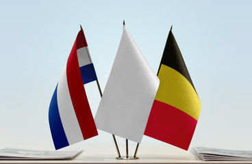 Flags of Netherlands and Belgium with a white flag in the middle