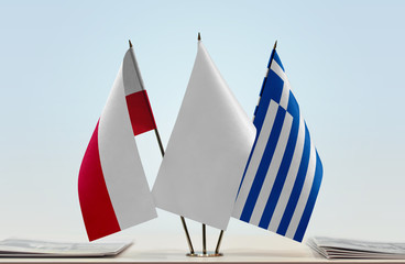 Flags of Poland and Greece with a white flag in the middle