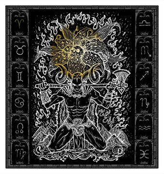 White silhouette of fantasy Zodiac sign Aries in gothic frame on black. Hand drawn engraved illustration