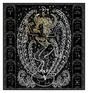 White silhouette of fantasy Zodiac sign Taurus in gothic frame on black. Hand drawn engraved illustration