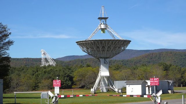 Establishing shot of Green Bank Observatory readio telescope in West Virginia.