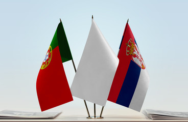 Flags of Portugal and Serbia with a white flag in the middle