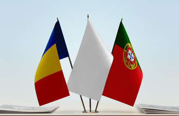 Flags of Romania and Portugal with a white flag in the middle