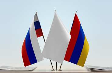 Flags of Russia and Armenia with a white flag in the middle