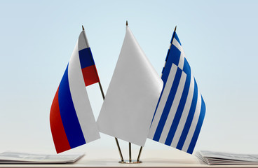 Flags of Russia and Greece with a white flag in the middle