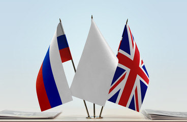 Flags of Russia and Great Britain with a white flag in the middle