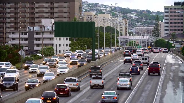 Cars moving along on the H-1 Freeway in Honolulu, Hawaii