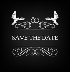 Wedding invitation. Save the date. pigeon, dove, ring. Vector illustration.