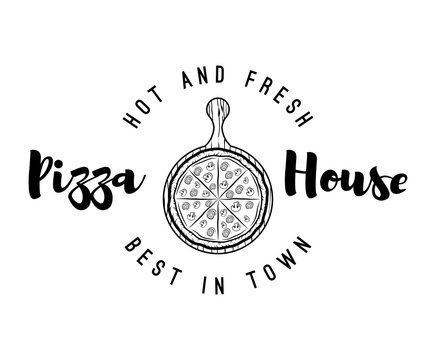 Pizza wooden peel label. Pizza stand. Vector Illustration. Pizza House logo.