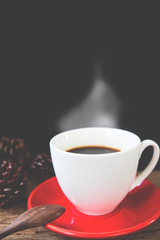 Close up coffee cup on red plate, Retro filter effect, Lifestyle