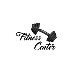 Dumbbell vector illustration. Fitness center text logo label.