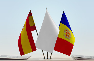 Flags of Spain and Andorra with a white flag in the middle