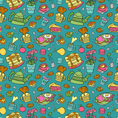 Food, tea and coffee. Bakery products. Fruit. Seamless vector pattern (background).