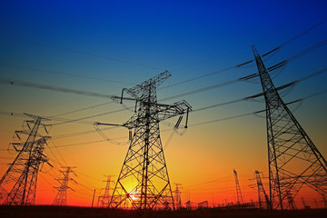 Pylon, high-voltage tower sky background.