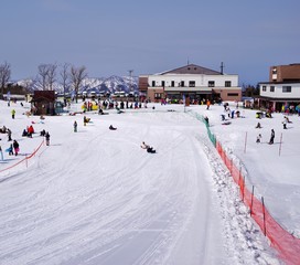 日本のスキー場でソリ遊びをする子供たち