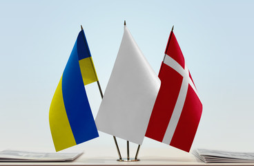 Flags of Ukraine and Denmark with a white flag in the middle