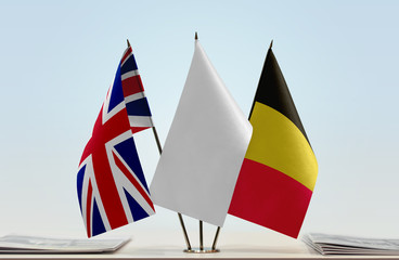 Flags of Great Britain and Belgium with a white flag in the middle