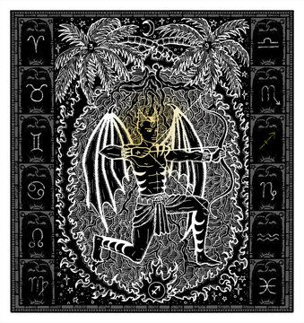 White silhouette of fantasy Zodiac sign Sagittarius in gothic frame on black. Hand drawn engraved illustration