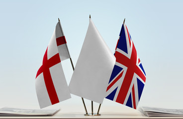 Flags of England and Great Britain with a white flag in the middle
