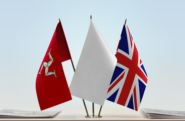 Flags of Isle of Man and Great Britain with a white flag in the middle