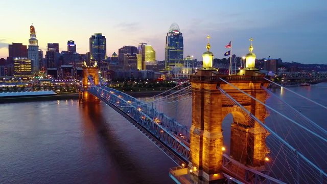 A beautiful evening aerial shot of Cincinnati Ohio with bridge crossing the Ohio River foreground.