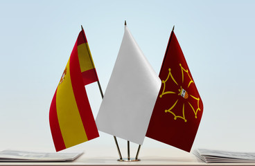 Flags of Spain and Aran Valley with a white flag in the middle