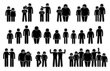 People and Man of Different Body Sizes and Heights Icons. Stick figures pictogram depict average, tall, short, fat, and thin body figures of human.