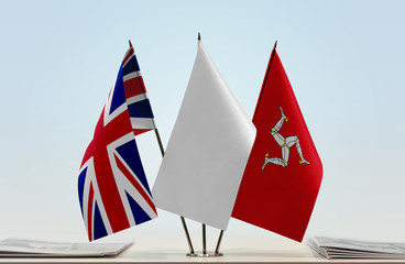 Flags of Great Britain and Isle of Man with a white flag in the middle