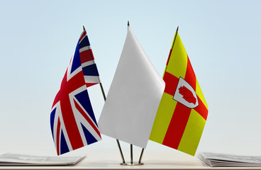 Flags of Great Britain and Ulster with a white flag in the middle