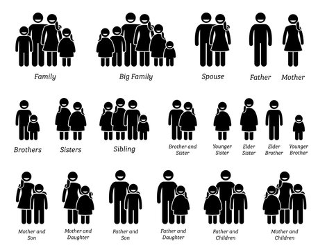 Family and People Icons. Stick figure pictograms depict a family with father, mother, children, brother, and sister standing together side by side.