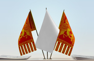 Two flags of Republic of Venice with a white flag in the middle