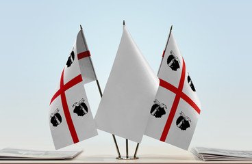 Two flags of Sardinia with a white flag in the middle