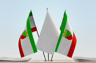 Two flags of Taraclia with a white flag in the middle