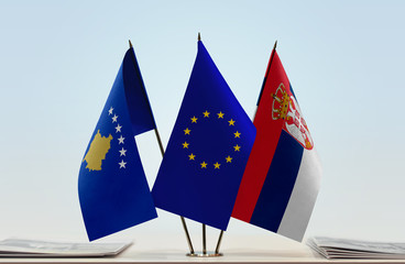 Flags of Kosovo European Union and Serbia