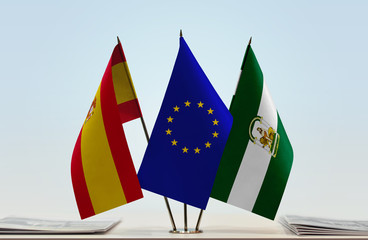 Flags of Spain European Union and Andalusia