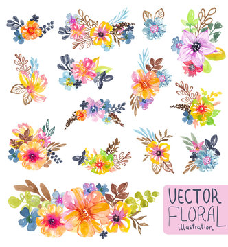 Colorful floral collection with flowers, leaves and berries