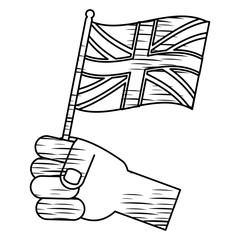 sketch of hand holding a flag of united kingdom over white background, vector illustration