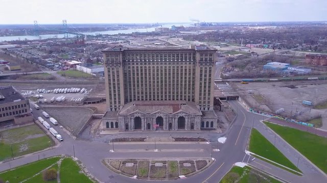 Aerial of the exterior of the abandoned central train station in Detroit, Michigan.