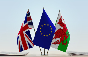 Flags of United Kingdom European Union and Wales