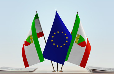 Two flags of Taraclia and European Union flag between