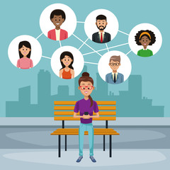 Woman seated on chair with smartphone vector illustration graphic design